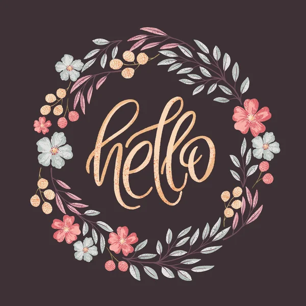 Hola letras en marco floral — Vector de stock