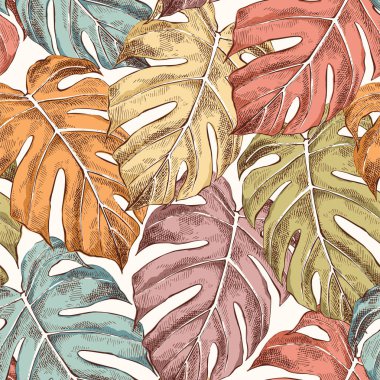 Monstera el çekilmiş retro Dikişsiz desen bırakır