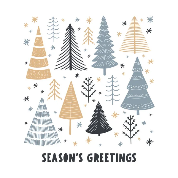 メリークリスマス シンプルなミニマリストフラットドアツリーを設定します 漫画の手描きベクトルイラスト ホリデー 新年の挨拶カード 背景や包装紙のデザイン ウェブ バナー — ストックベクタ