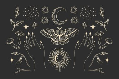 Gizemli ve gizemli logo nesneleri koleksiyonu. Eğilim tarzında minimalist çizgi sanat objeleri. Soyut mistik boho vektör çizimi