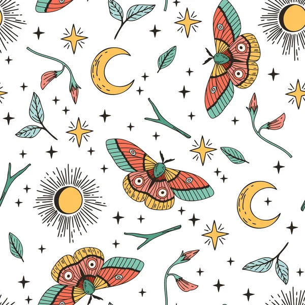 Seamless pattern with hand drawn illustration of the sun, moon. star, moth, butterfly