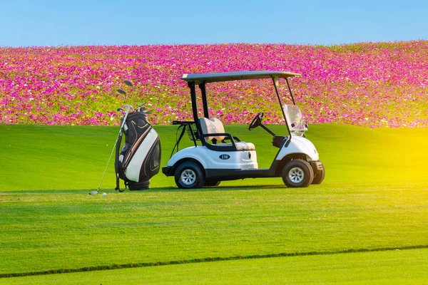 Golfový Vozík Golfové Hole Taška Odleskem Stínu Zelené Trávě Pole — Stock fotografie