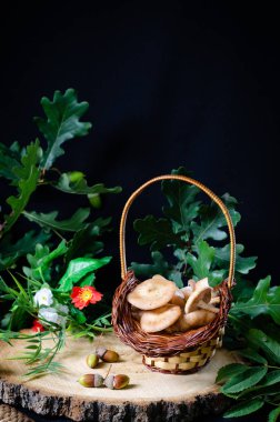 bir çam kenevir üzerinde küçük bir sepet içinde bal mantar