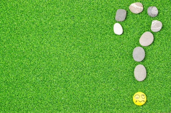 question mark laid out of sea stones on green grass with a smiley a
