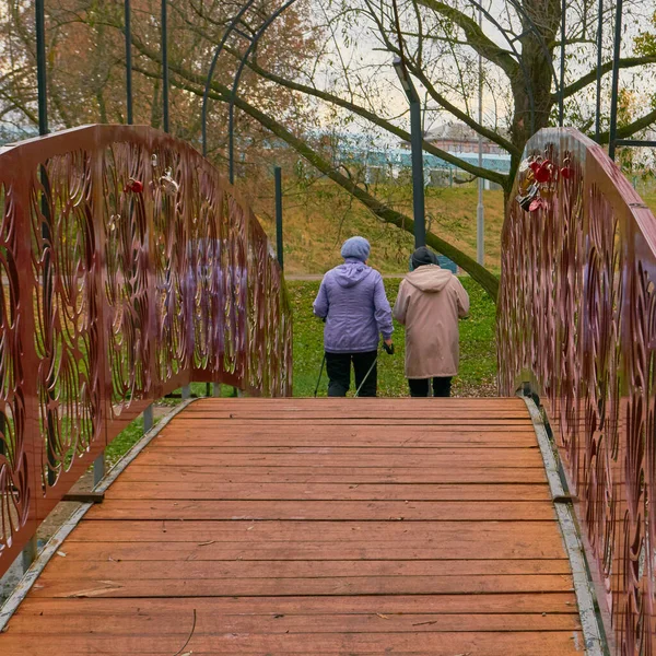 Older women in autumn cross the bridge view from the back