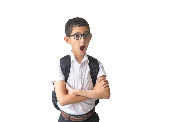 Gözlüklü Gömlekli Sırt Çantalı Bir Çocuk Beyaz Arka Planda Izole — Stok fotoğraf