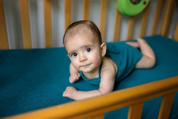 Cute Newborn Baby Blue Blanket Baby His Bed Closeup Portrait — Stock Photo, Image