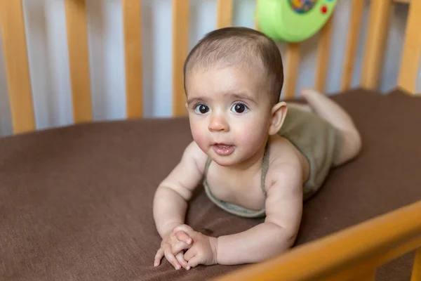 Cute Newborn Baby Blue Blanket Baby His Bed Closeup Portrait — Stock Photo, Image