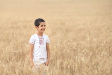 Gülümseyen bir çocuk tarlada buğday dikenleri tutuyor.
