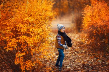 Sonbahar manzarasının arka planında gözlüklü bir çocuk.