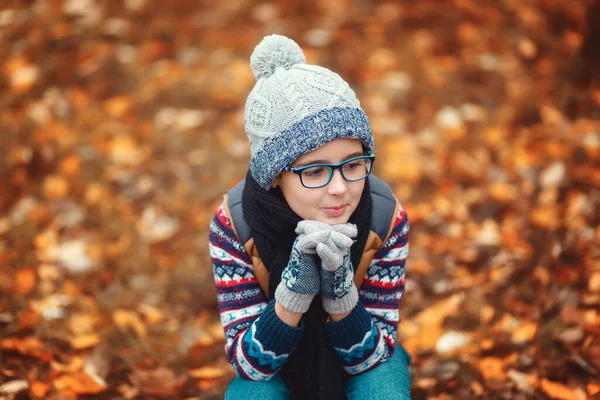 Ett Barn Med Glasögon Bakgrunden Ett Höstlandskap — Stockfoto