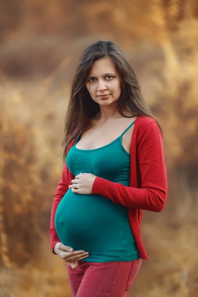 Pregnant Woman Autumn Forest Autumn Portrait Pregnancy Maternity Expectation Concept — Stock Photo, Image