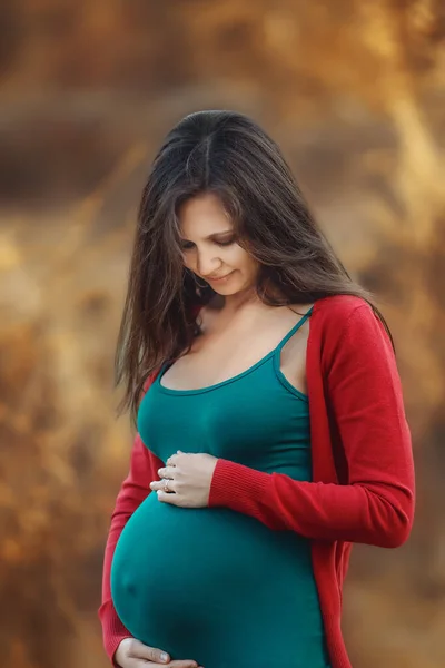 Pregnant Woman Autumn Forest Autumn Portrait Pregnancy Maternity Expectation Concept — Stock Photo, Image