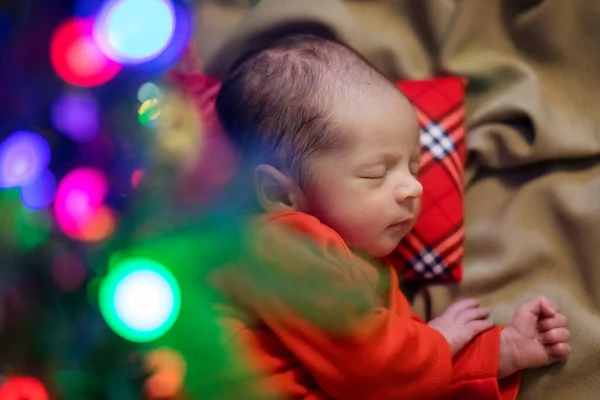 Cute Newborn Baby Sleeping Baby Fir Tree Closeup Portrait Newborn — Stock Photo, Image