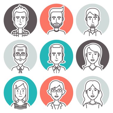 İnsanlar vektör kümesini anahat. Doğrusal vektör insanlar avatar koleksiyonu. Sosyal medya ve web tasarımı için erkek, kadın ve çocuk kullanıcı resimleri simgeleri