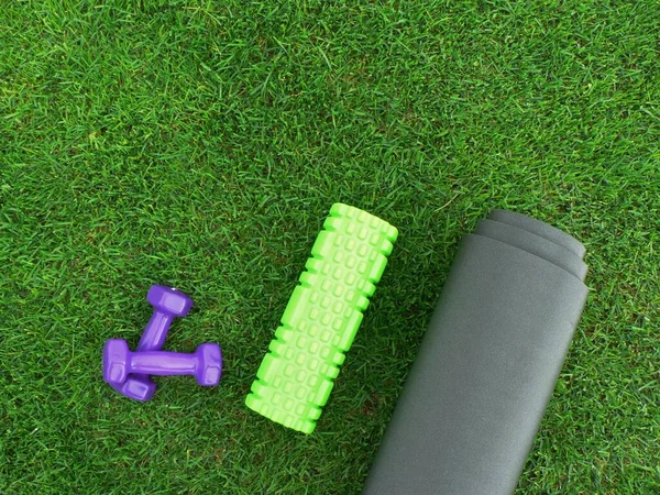 Keeping Fit Exercising Outdoor Home Purple Dumbbells Green Grass Lawn — Stock Photo, Image