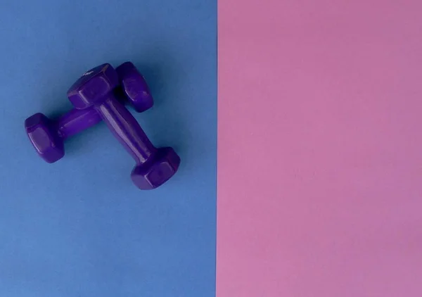 Banner of fitness concept with purple dumbbells on a colored pink and blue background with space for your text. Equipment for sport exercise. Wellness at home.