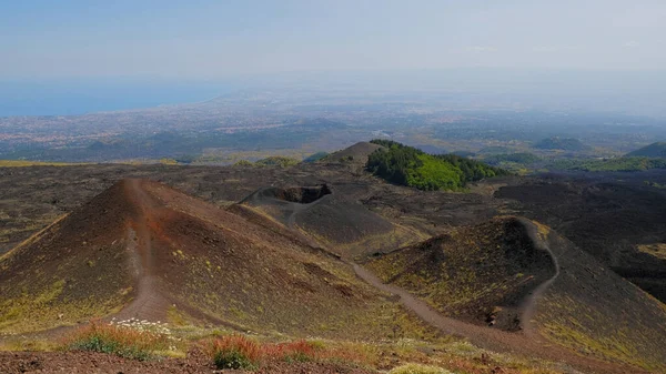 Etna Dağı volkanik kraterinin canlı kırmızı ve siyah lav kayalarıyla hava görüntüsü. Siyah volkanik kül, kırmızı renkli yamaçlar ve yeşil bitki örtüsü manzarası. Doğa, jeoloji ve Etna Dağı ile ilgili macera.