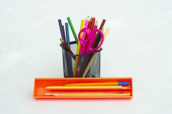 Crayons Couleur Dans Étui Crayons Retour École Outils Bureau — Photo