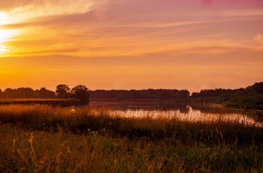 Nehir ve çayırların sabah manzarası