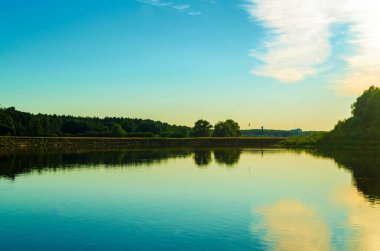 Bir kuşun ağaçların üzerinden uçtuğu nehrin manzarası
