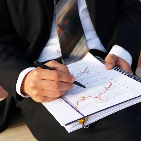 İşadamı Belge Grafik Çizelgelerini Analiz Ediyor - Pazarlama Araştırma Geliştirme Planlama Yönetimi Strateji Analizi Finansal Muhasebe
