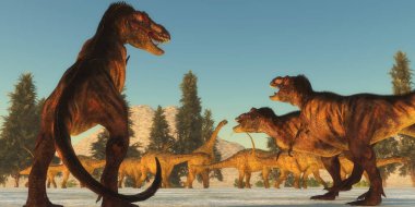 Bir Tyrannosaurus rex paketi bir sürü Uberabatitan dinozorlar ve en zayıf üyesi için bir görünüm bir saldırı planları.