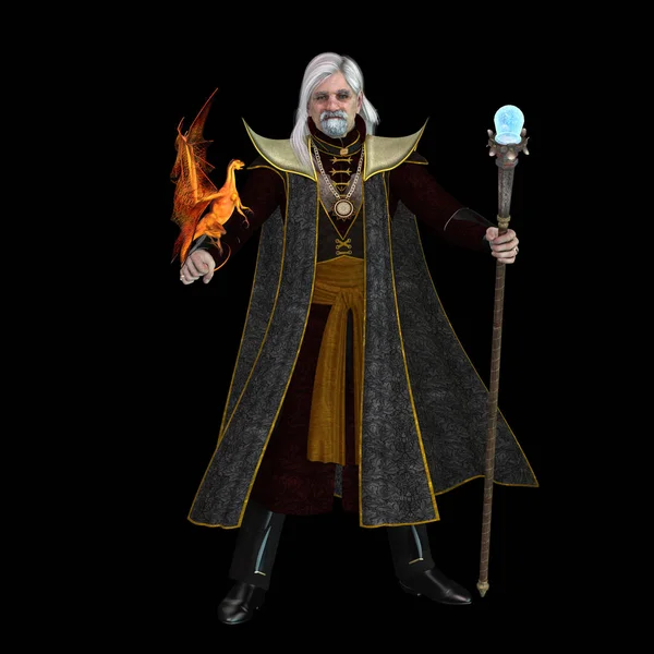 Een Magische Wizard Houdt Dat Zijn Gouden Gevleugelde Huisdier Draak — Stockfoto