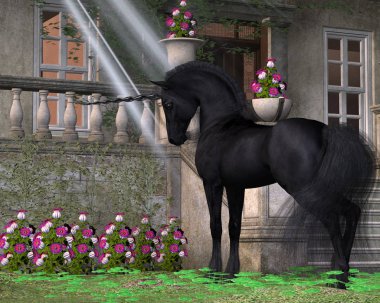 Siyah kaplı sihirli unicorn pembe Bell çiçekler orman cottage yakınındaki bir ilgi alır.
