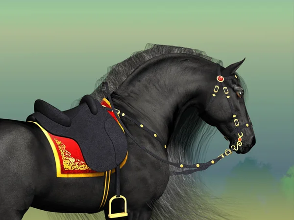 Černý Fríský Hřebec Efektní Klasické Sedlo Uzdu Jezdectví — Stock fotografie