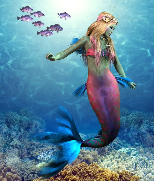 Eine Schar Blauer Zackenfische Schwimmt Der Seite Einer Wunderschönen Meerjungfrau — Stockfoto