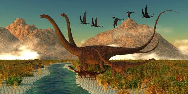 一群梁龙恐龙把他们的年轻人带到一个小溪流中 在北美洲的侏罗纪时期喝一杯 — 图库照片