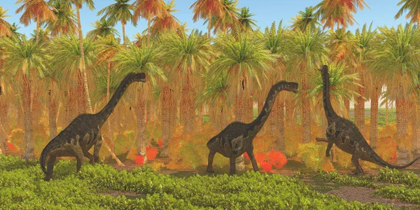 Manada Dinosaurios Europasaurus Abre Camino Través Hábitat Selvático Período Jurásico — Foto de Stock