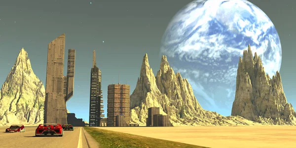 Earth Looms Large Sky Colony Skyscrapers Future Development Our Moon — Stock Photo, Image