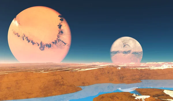 Schöne Blaue Methanflüsse Fließen Auf Diesem Fremden Planeten Mit Zwei — Stockfoto