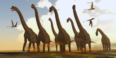 Dimorphodon sürüngenler Brachiosaurus dinozorlar sürüsü Jurassic dönem boyunca uçmak..