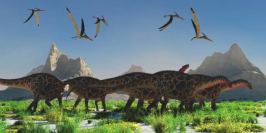Pteranodon sürüngenler bir sürü sinek Dicraeosaurus dinozor sürüsü Jura döneminde.