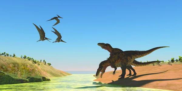 Pteranodon Reptiler Flyga Över Två Acrocanthosaurus Dinosaurier Som Dricker Från — Stockfoto