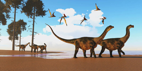 A flock of Thalassodromeus reptiles fly over a herd of Antarctosaurus dinosaurs on their way to search for fish prey.