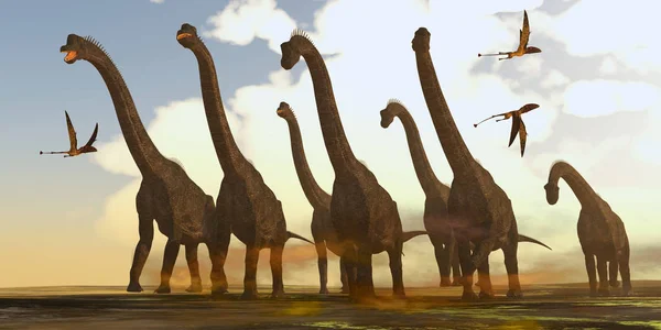 ジュラ紀の期間の間に過去のブラキオサウルス恐竜の群れ Dimorphodon 爬虫類が飛ぶ — ストック写真