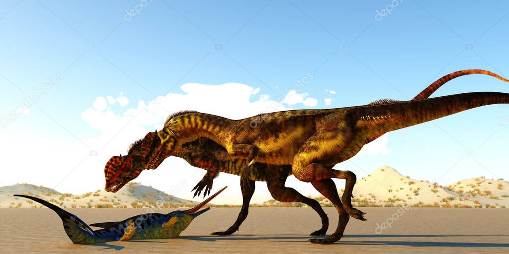 A Eurohinosaurus marine reptile lays helpless on the tidal flats as the sea goes out as two Dilophosaurus theropod dinosaurs look at him as their next meal.