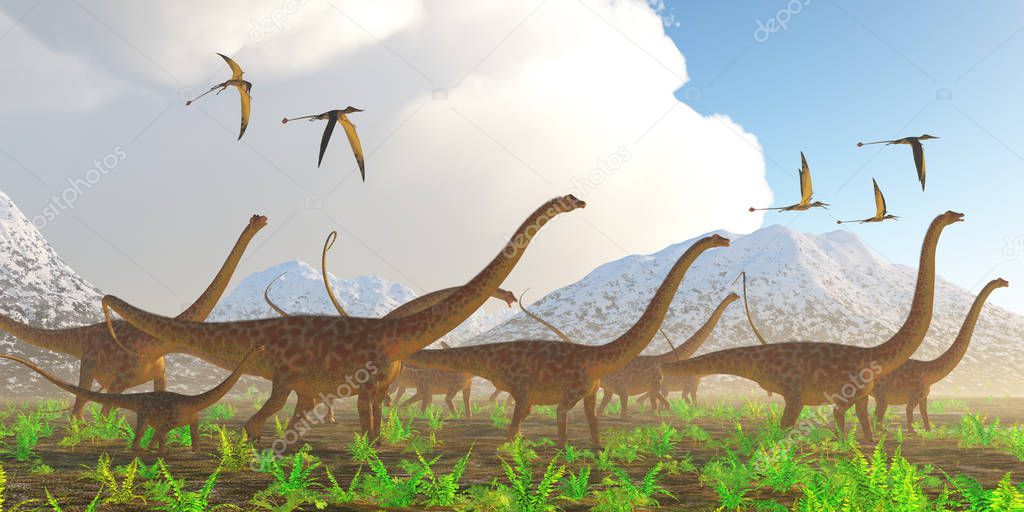 A herd of Diplodocus sauropod dinosaurs on their yearly migration encounter a flock of Rhamphorhynchus flying reptiles.