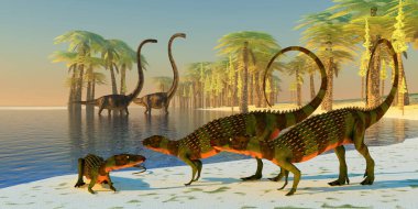 Üç zırhlı Scutellosaurus dinozoru, yakınlardaki Gümüş Ağaç Eğreltiotları 'nın yapraklarını yemeye gelen Omeisaurus dinozorlarıyla bir göletin kenarında dinleniyorlar..