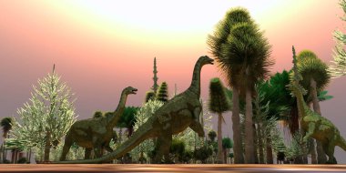 Bir Saltasaurus dinozor sürüsü Arjantin 'in Kretase Dönemi boyunca Cycad ağaçlarını kemirir..