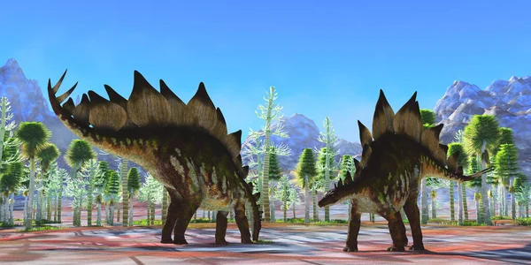 Two Herbivorous Armored Dinosaurs Eat Cycad Forest Jurassic Period North — Stock Photo, Image