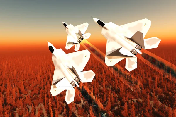 Три Винищувачі Надзвуковими Двигунами Літають Залишаючи Собі Слід Ударного Алмазного — стокове фото