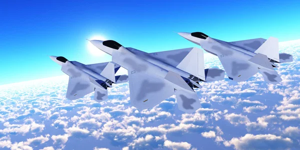 Three Fighter Jets Supersonic Twin Engines Cruise Cloud Layer Mission — Stock Photo, Image