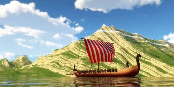 Viking Ship Explorers Sail Mountain Shoreline Far Land Sunny Day — Stock Photo, Image