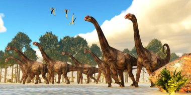 Bir Pteranodon sürüngen sürüsü Kretase Dönemi boyunca Brontomerus dinozor sürüsünün üzerinden uçar..