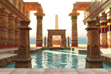 Ornate Egyptian architecture with hieroglyphs surround a pool in historical Egypt with an obelisk standing guard. clipart